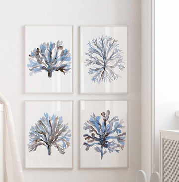 Seaweed Wall Decor Nautical Blue Coral Coastal Wall Art Set of 4 Prints Navy Minimalist Watercolor Painting Beach House Spring Summer Art